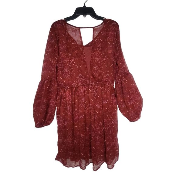 Sz M Women's Casual Dress Burgundy Mini Fit & Flare V-Neck Long Sleeve Floral - Picture 2 of 7